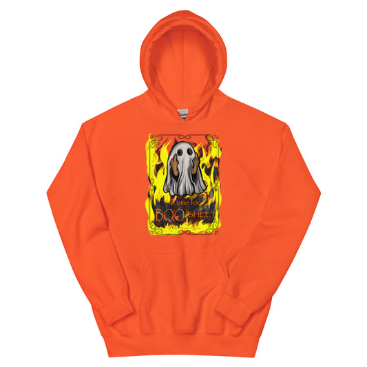 Orange pull over hoodie long sleeve, cotton with a ghost on the front