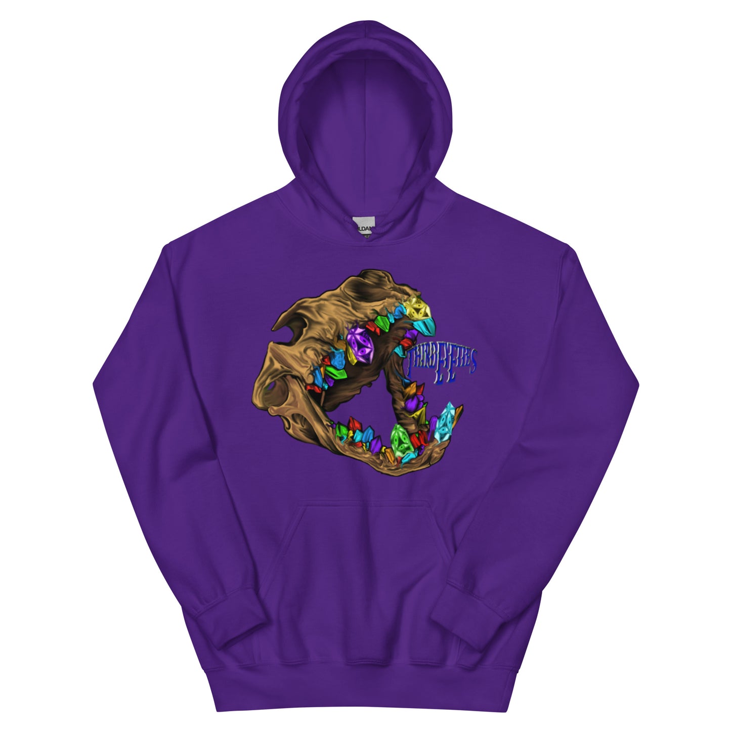 Purple hoodie with a colorful skull design on a white background