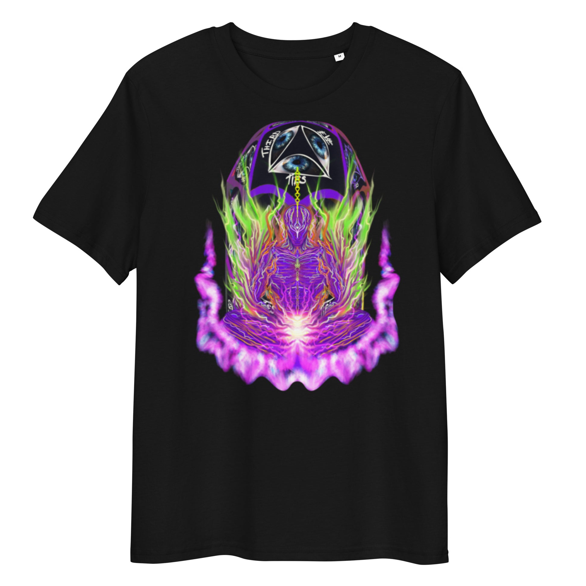 Black t-shirt with a colorful graphic design on a white background