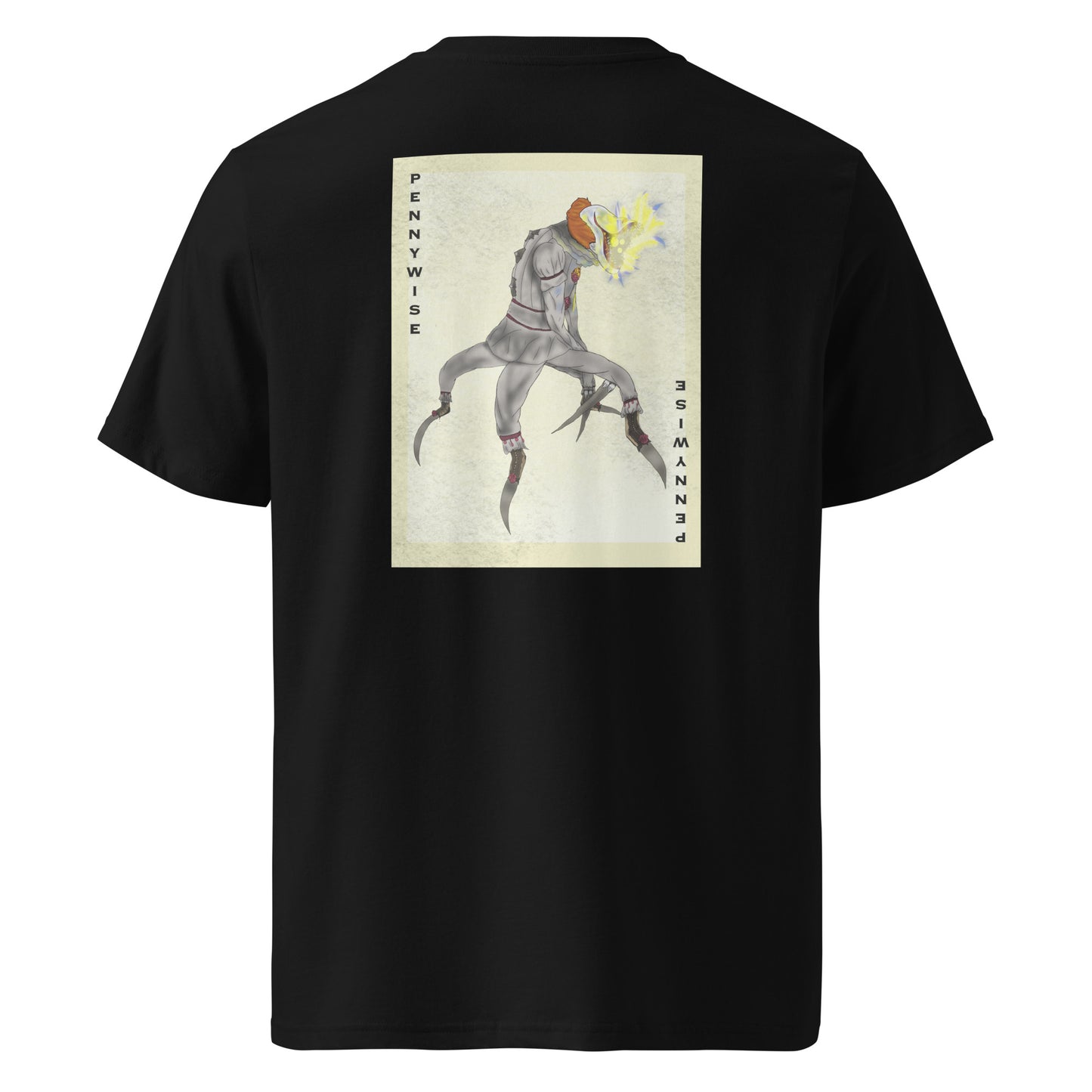Black t-shirt with a graphic design of a character holding a light bulb on the back, on a white background.