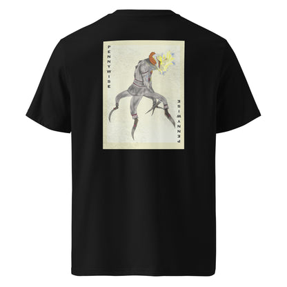 Black t-shirt with a graphic design of a character holding a light bulb on the back, on a white background.