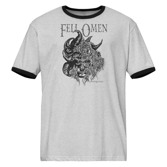 Gray t-shirt with black ringer sleeves featuring a graphic design of a creature's face and 'Fell Omen' text.