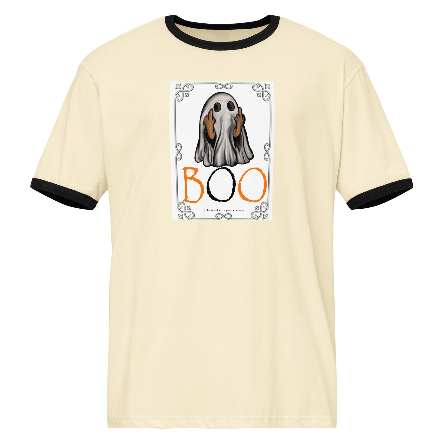 Beige t-shirt with black trim featuring a ghost and 'BOO' text design on a white background