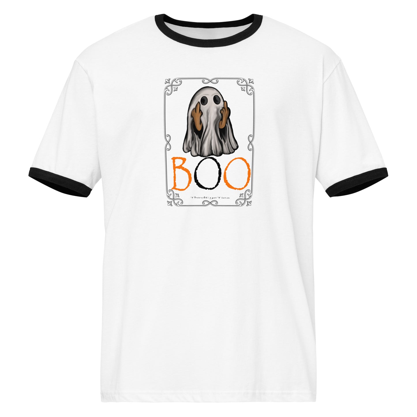 White t-shirt with black trim featuring a ghost and 'BOO' text design on a white background