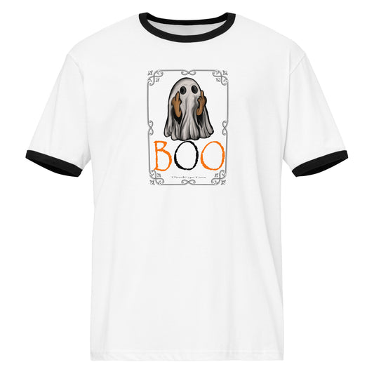 White t-shirt with black trim featuring a ghost and 'BOO' text design on a white background