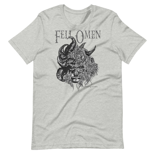 Gray t-shirt with a graphic of a horned creature and 'Fell Omen' text on a white background