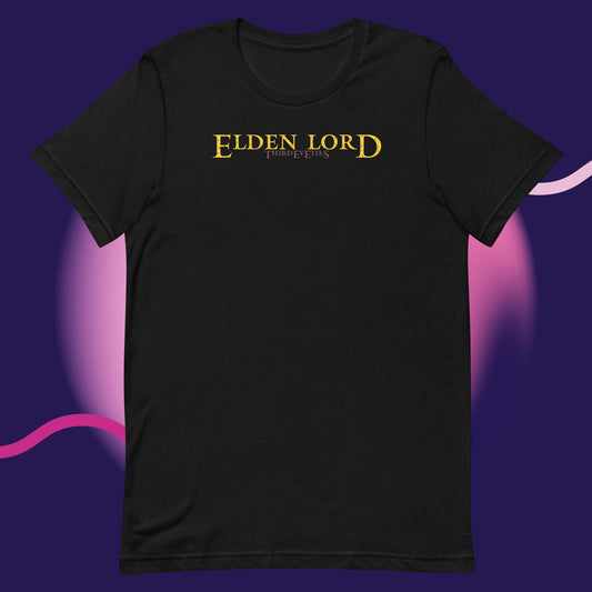 Black t-shirt with 'Elden Lord' text on a purple background
