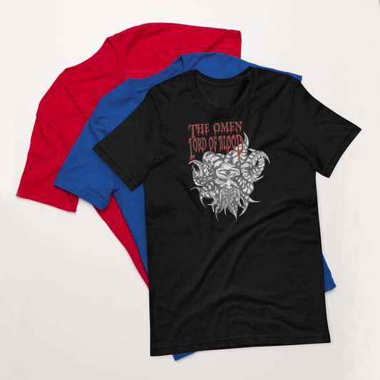 Black t-shirt with graphic design and text, placed on a white background