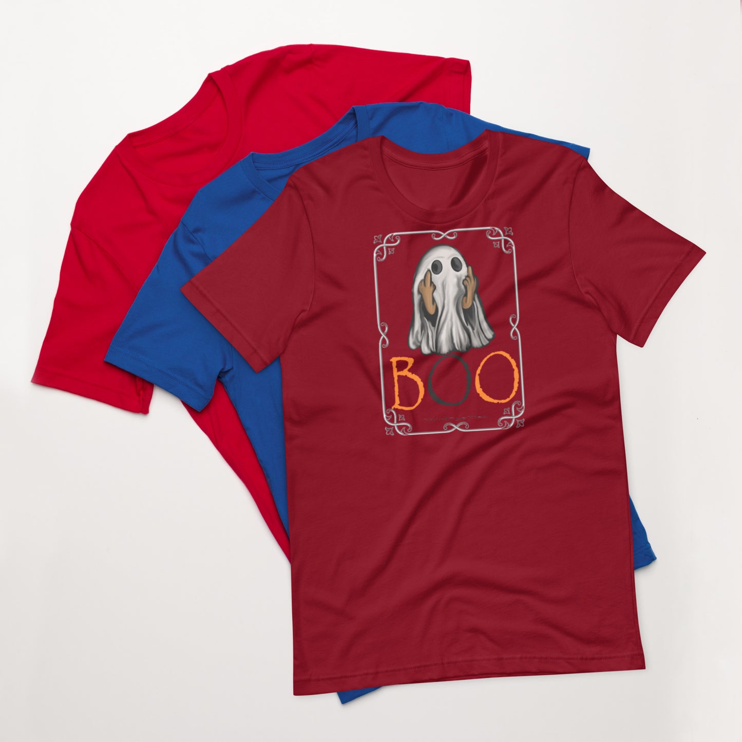 Red t-shirt with ghost and 'BOO' design on a white background